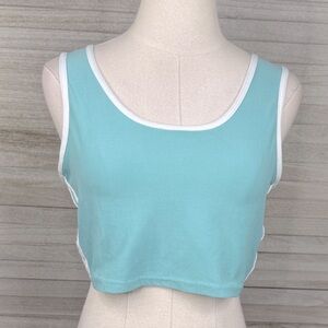 Athletic Cropped Tank Top with Side Stripes Buttery Soft Aqua/White-Large